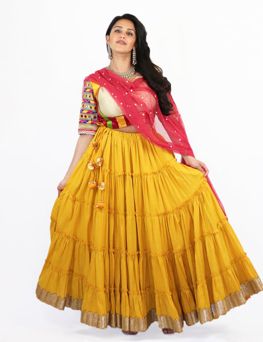 Rent Yellow Tiered Lehenga with Embroidered Blouse & Punch Pink Dupatta